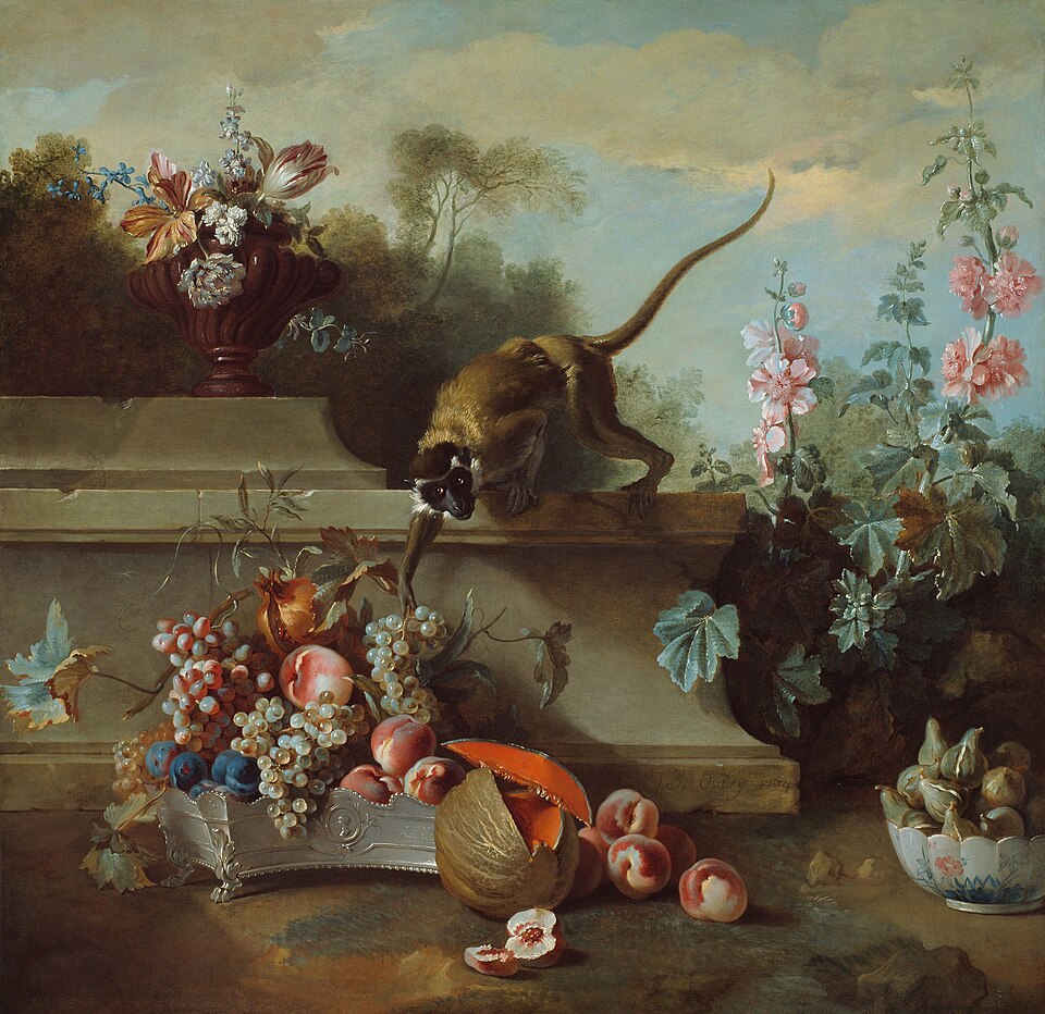 Jean-Baptiste Oudry, Still Life with Monkey, Fruits, and Flowers (1724)